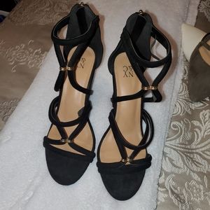 New York and company black strappy wedge heels